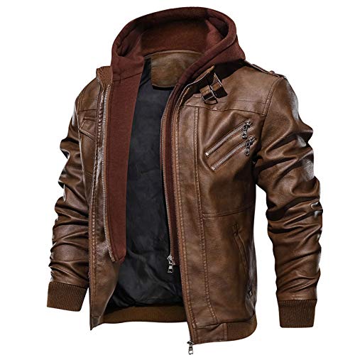 FEDTOSING Men's Faux Leather Bomber Jacket with Removable Hood Biker Windbreaker Coat Slim Fit Moto Jake