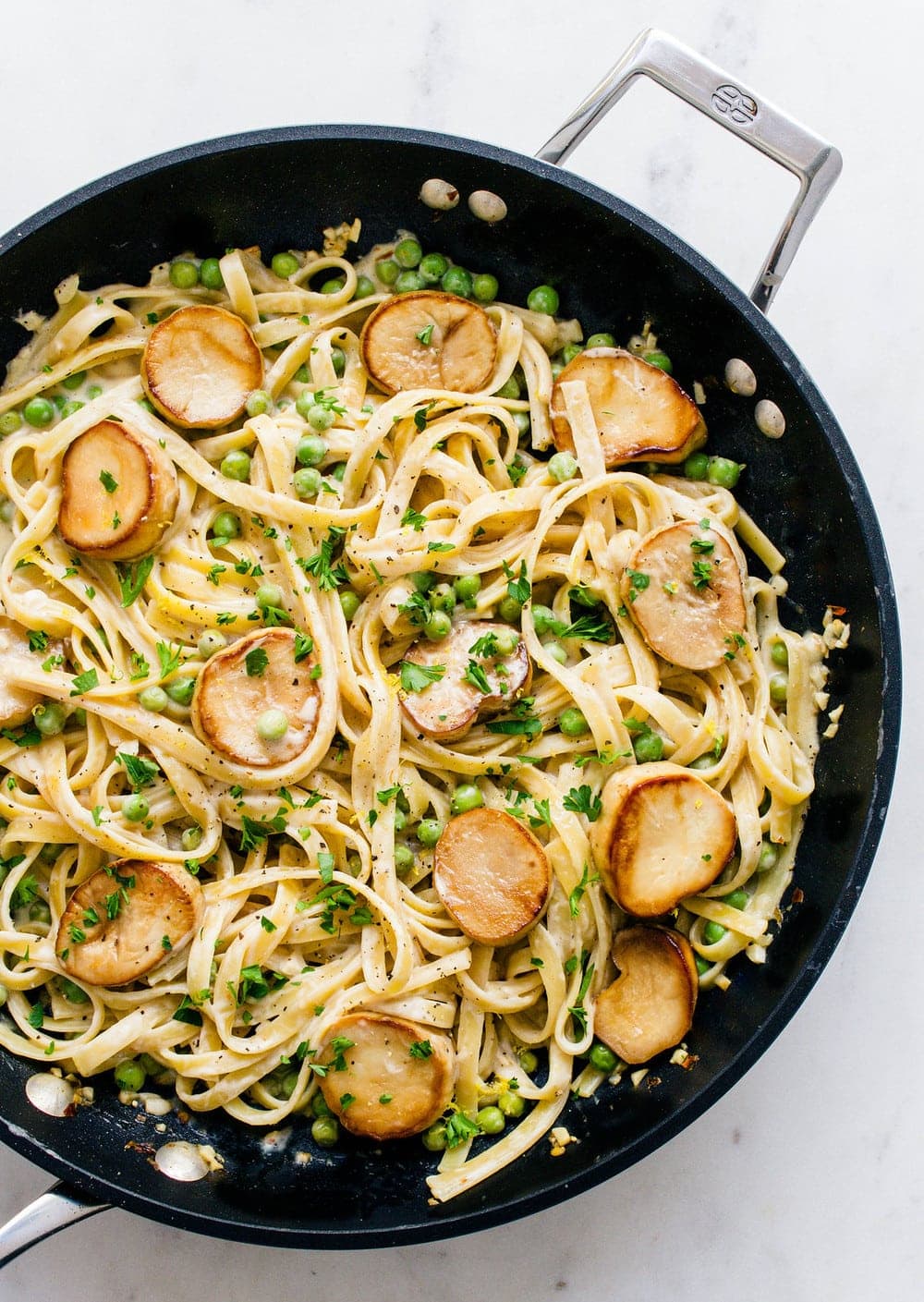 One Pot Fettucine Peas And King Oyster Scallops